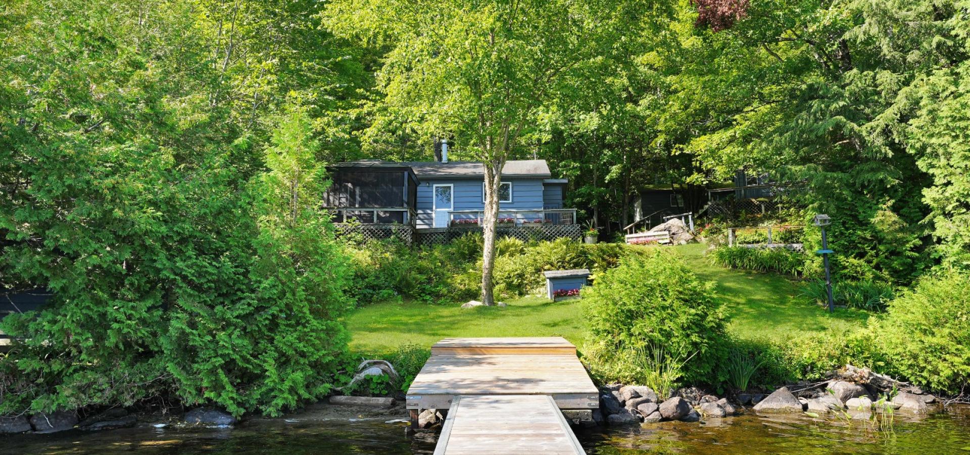 View from a dock in the lake looking at a Blue cottage behind trees around it