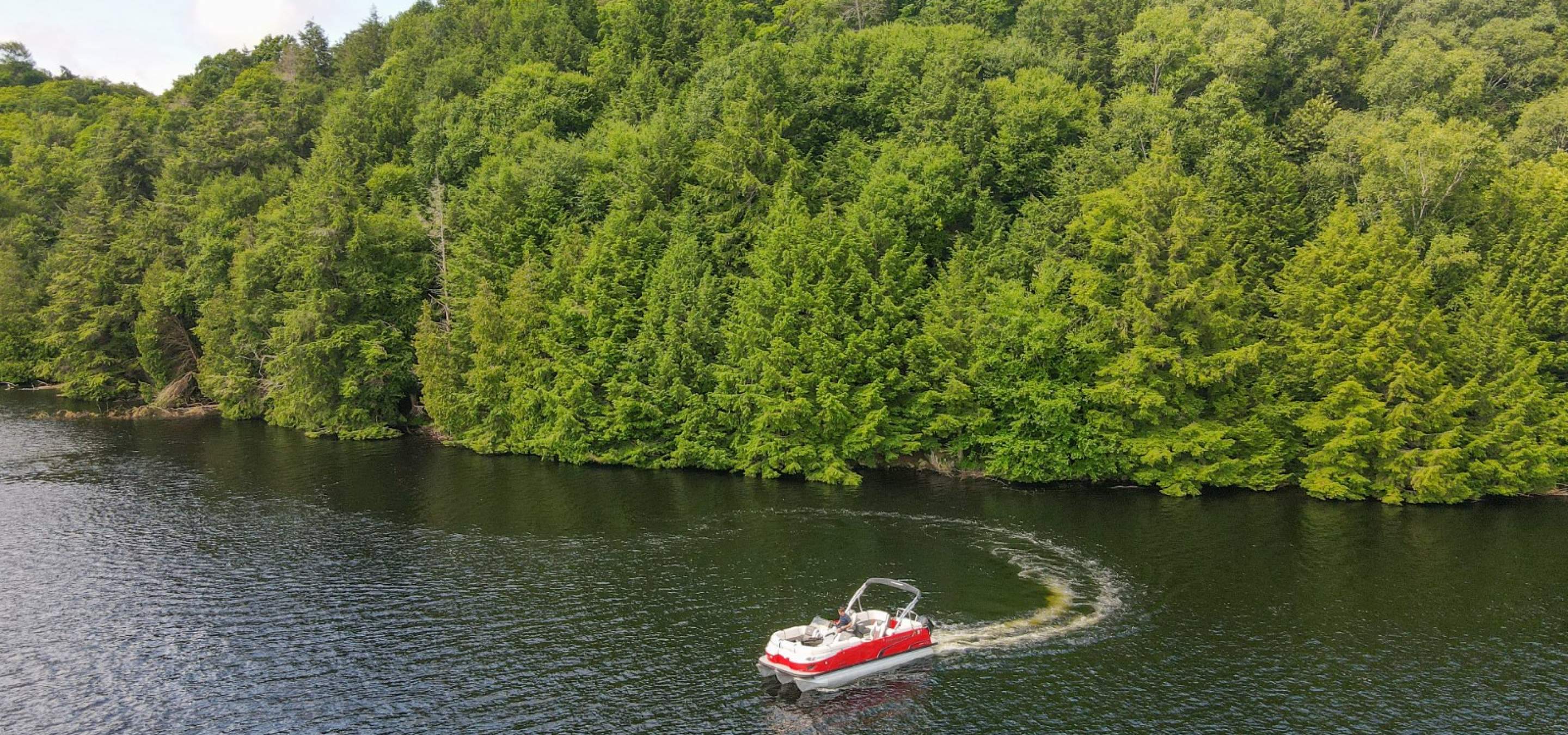 A red and white boat driving on the lake in front of a 10-acre treed building lot.