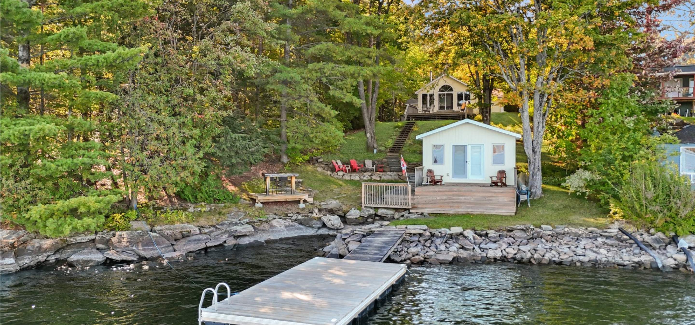Cottage hidden behind trees, yellow boathouse at the lake, dock in the lake. 