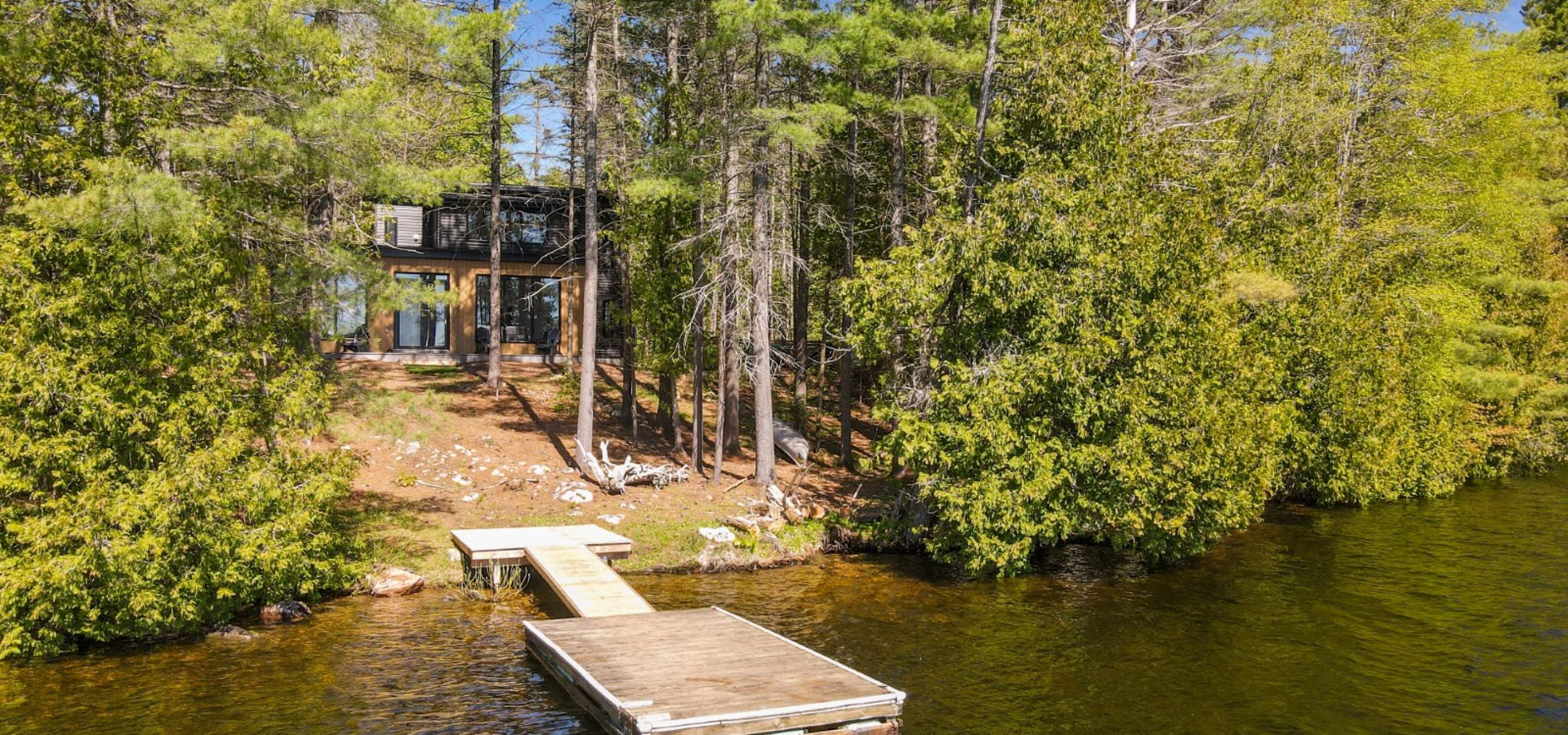 cottage hidden behind trees, dock in the water. 