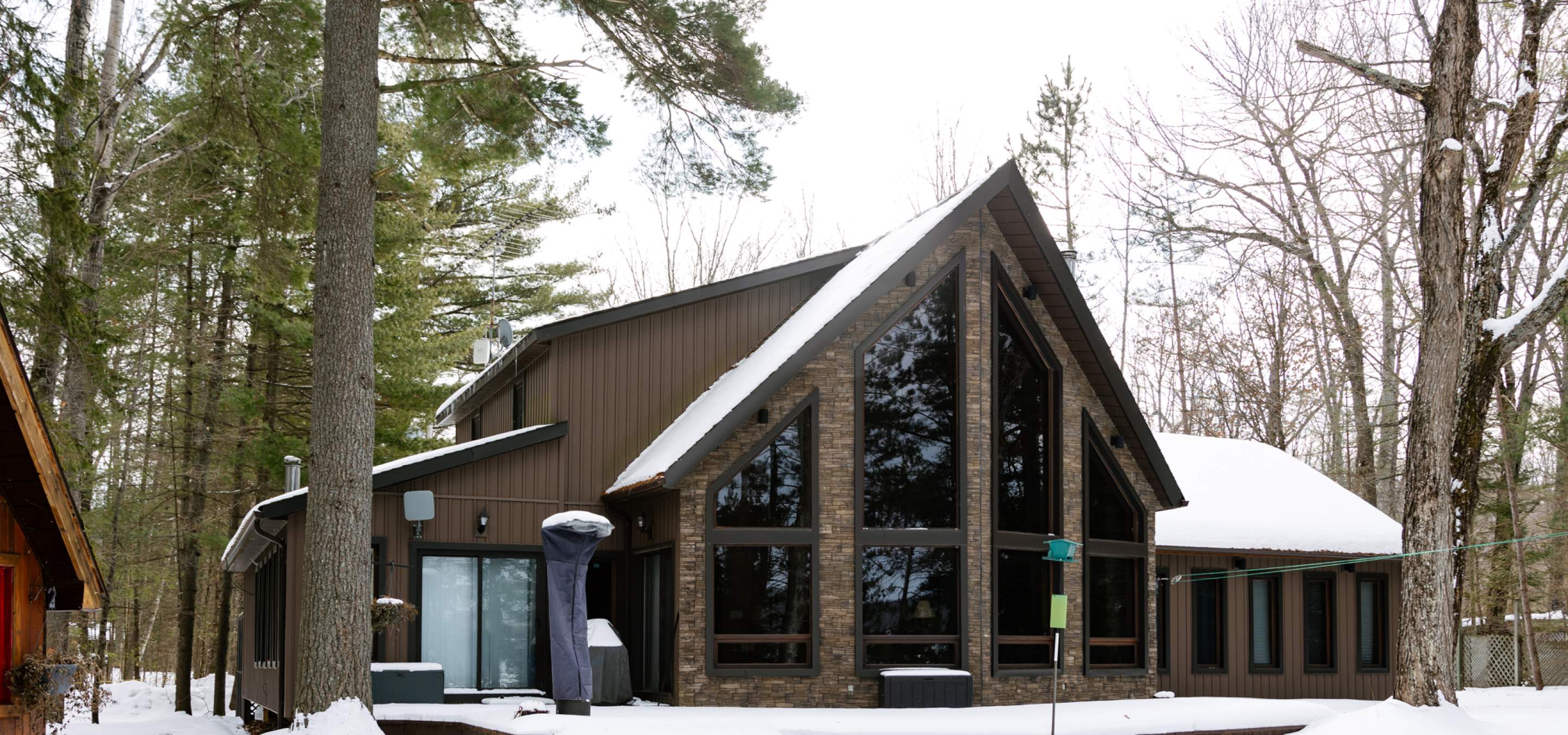 Brown cottage with tall peak full of glass windows and surrounded by trees