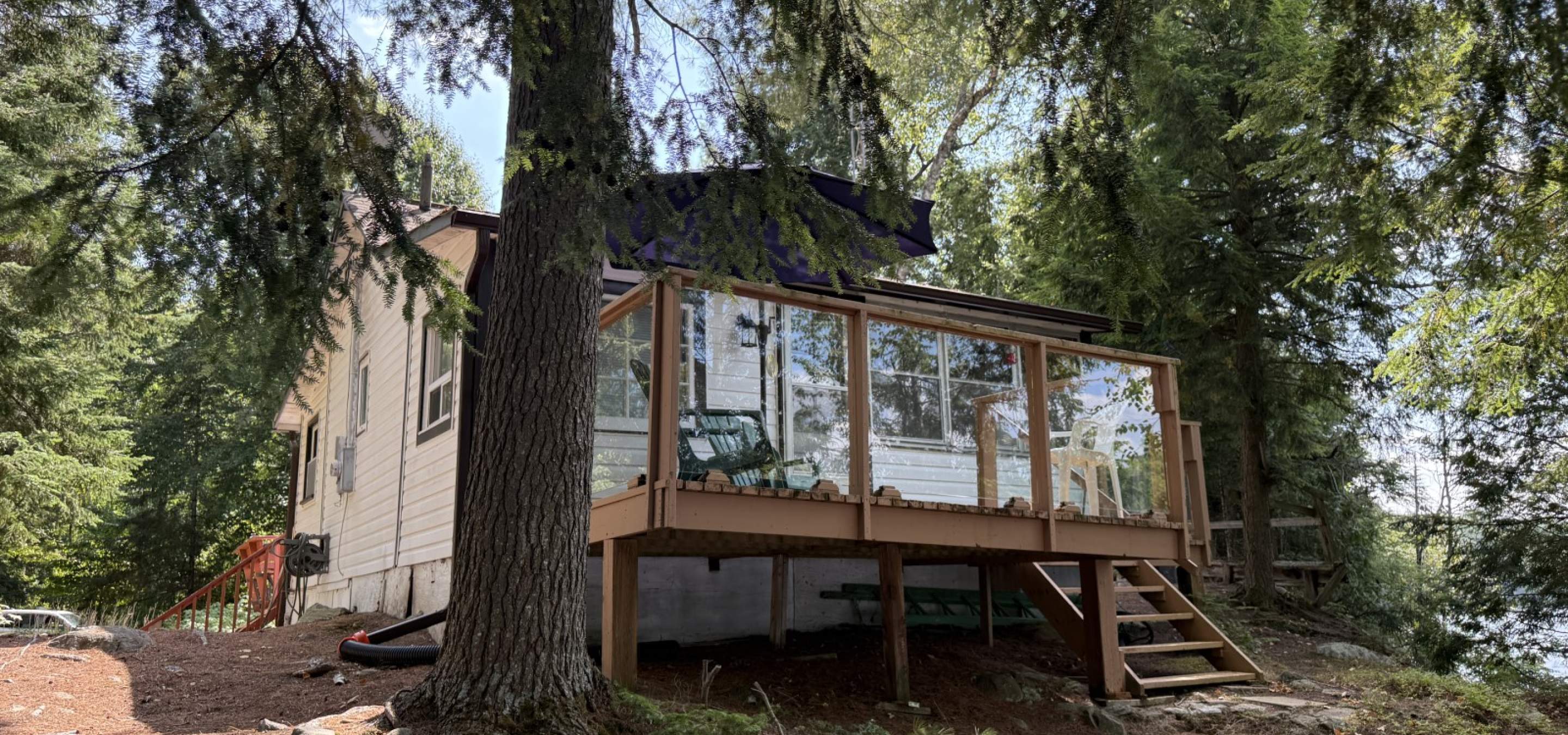 Cottage in the trees with a glass railing