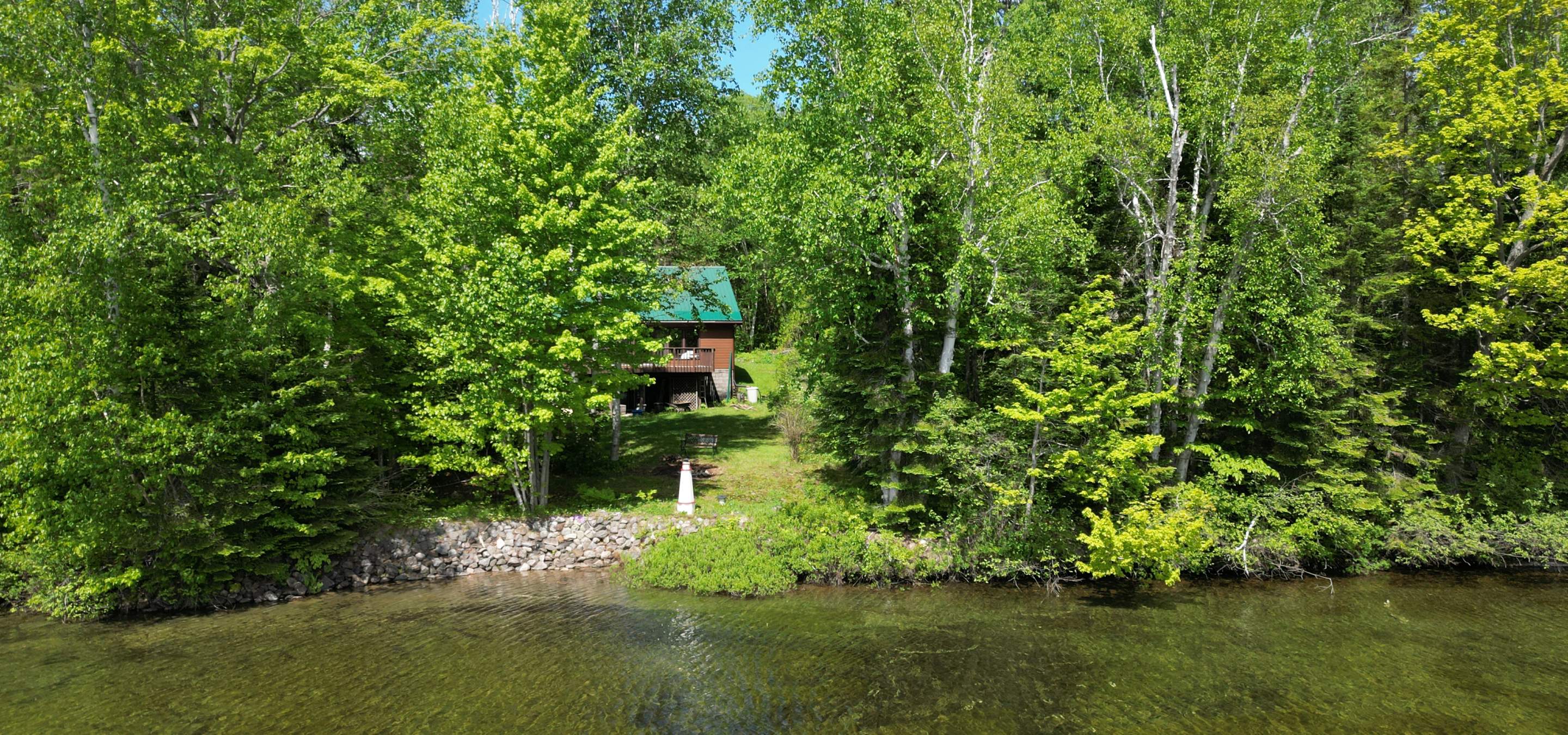 cottage from the lake surrounded by trees. Grass leading up to the brown cottage with a green roof. 