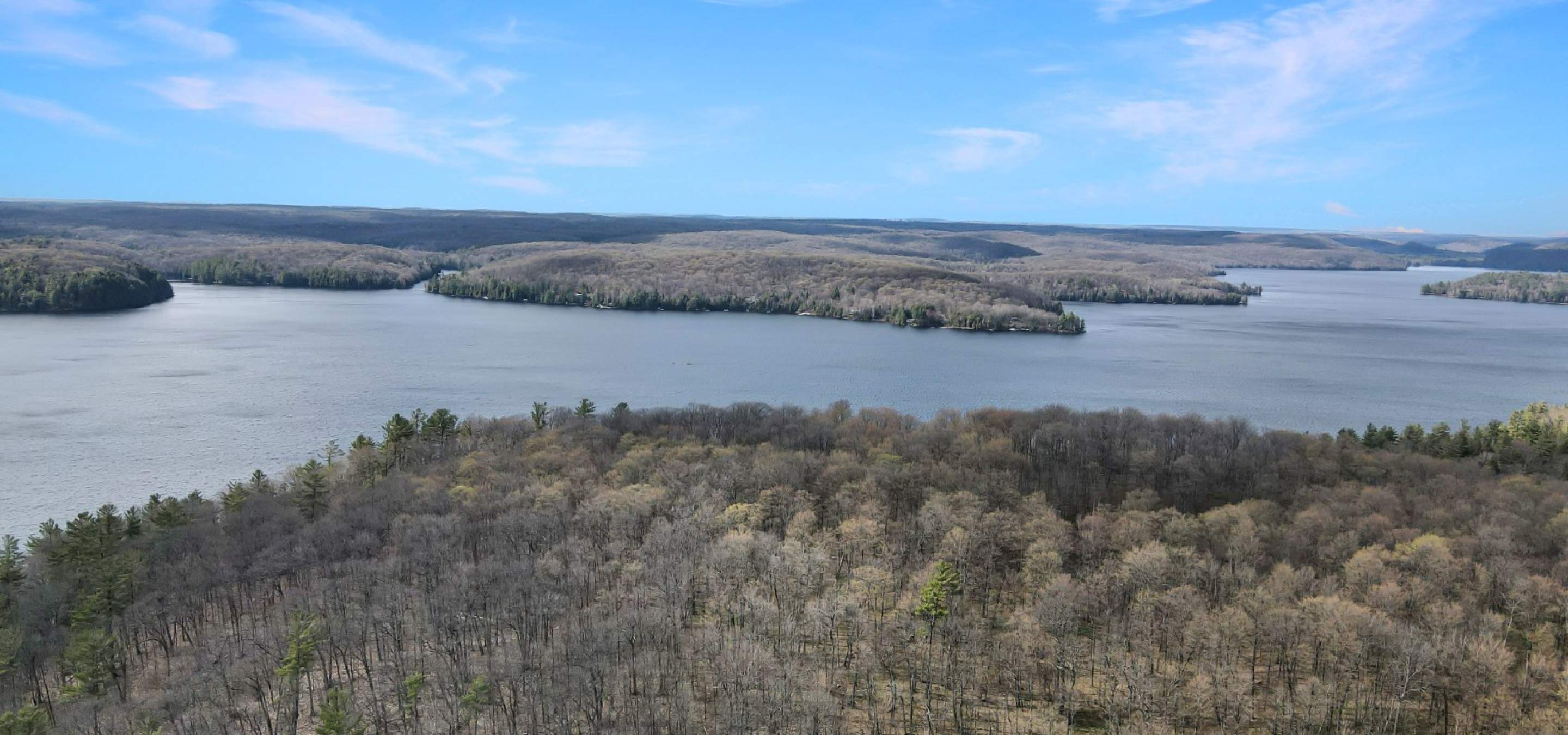Aerial of Vacant treed building lot with lake in background