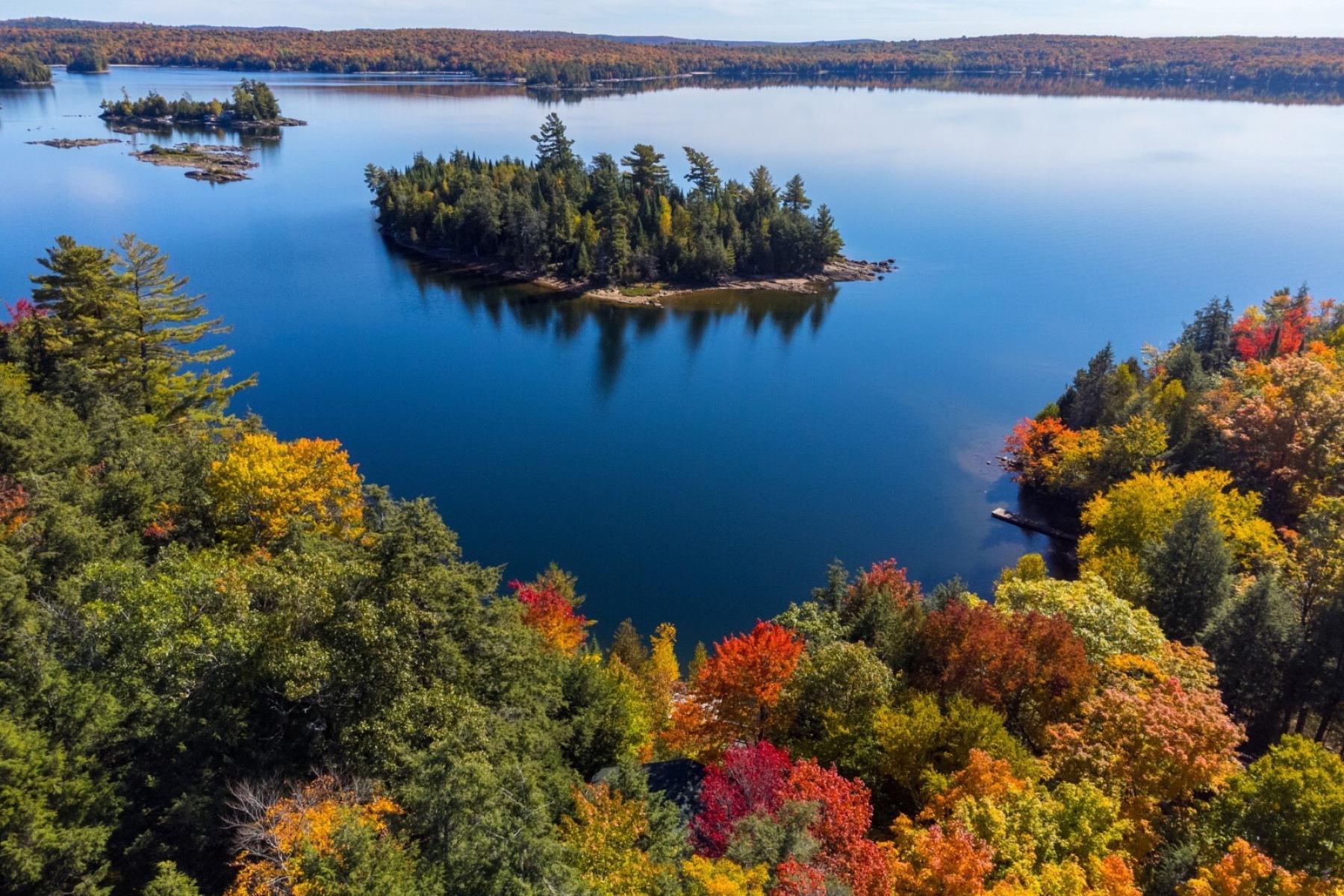 Airborne view of kennisis lake with rich dark blue waters and trees in fall colours. An island is seen in the distance with rock outcroppings.