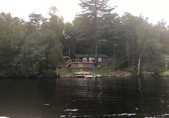 View of a cottage from the lake, surrounded by trees. 