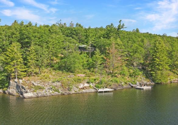 View of a cottage on the hill surrounded by trees and docks out front, with a jump cliff
