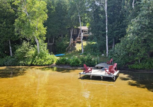 Cottage through the trees with a dock that has 4 red muskoka chairs and sandy beach