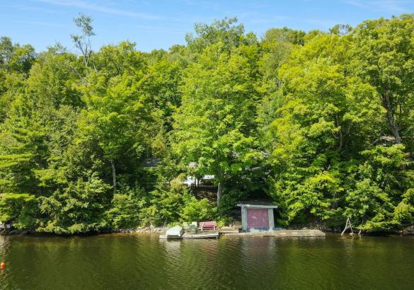 view of a cottage from the lake, dock, boat house with a red door, green trees.