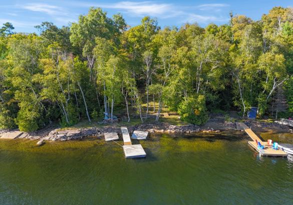 aerial view from the lake of a dock in the water and a vacant treed building lot