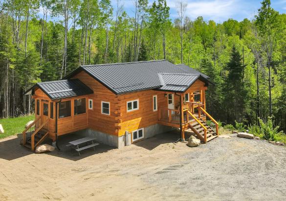 log home with 2 flights of stairs up, green trees and blue sky