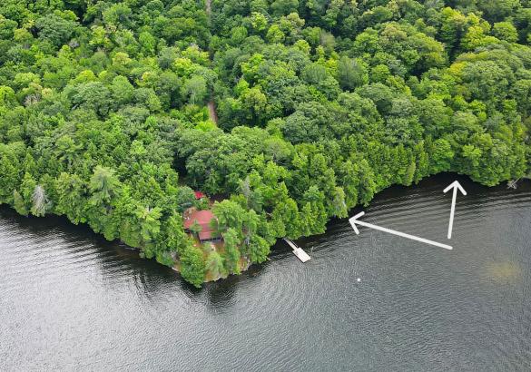 Forested property on a lake with a red roof cottage on a point and dock in the water.